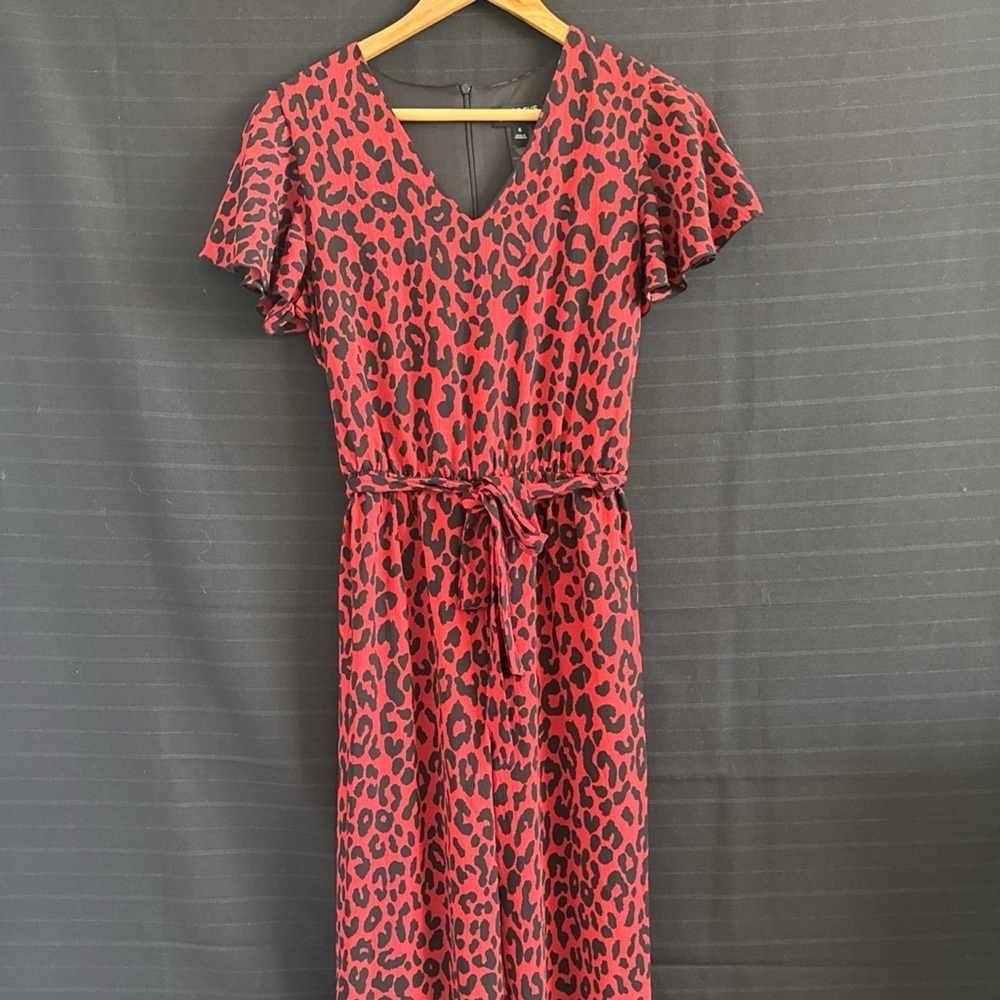 Enfocus Studio Red Black Leopard Print Tie Belt Jump Suit One Piece S/S Pants 6